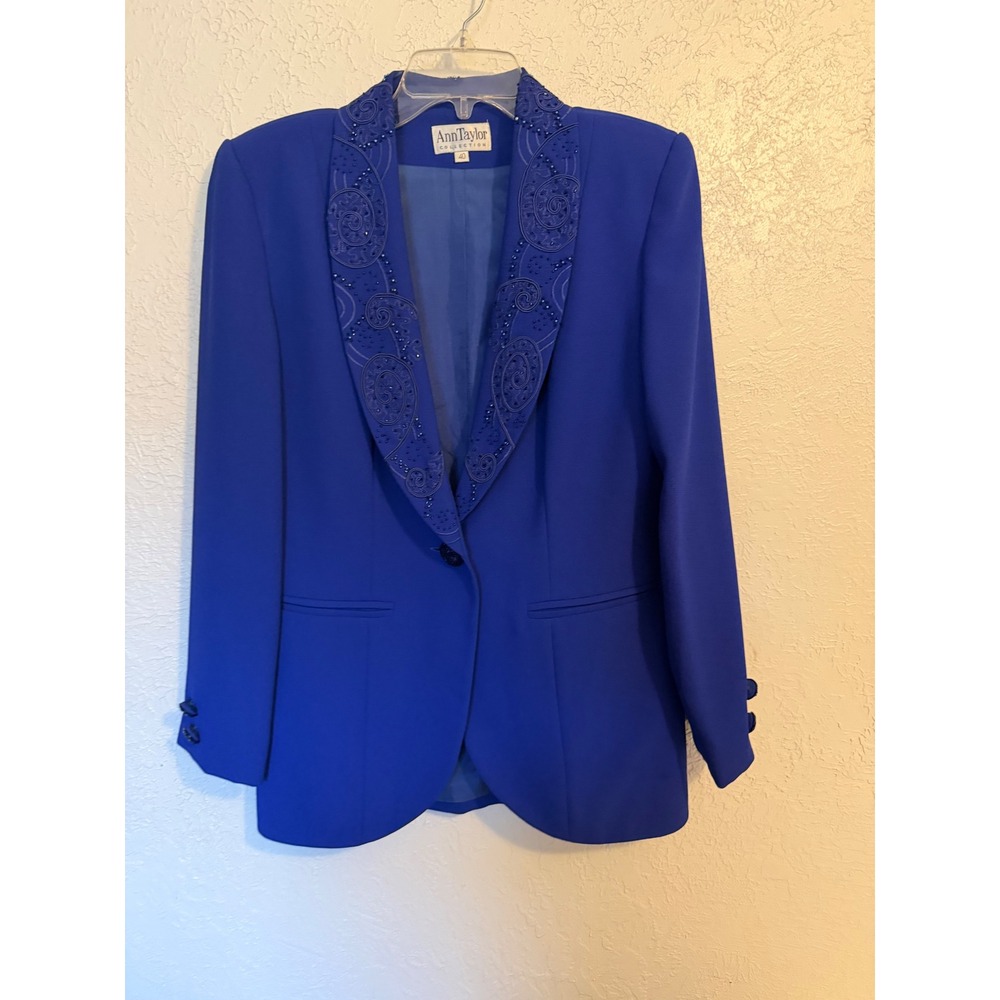 Ann Taylor Collection Royal Blue Embroidered Beaded Shawl Collar Blazer Size 40